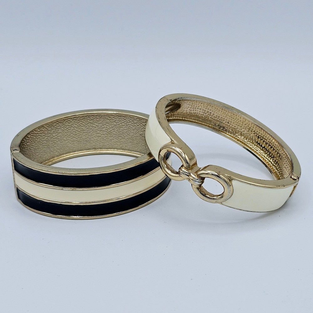 Bangle Bracelet Vintage Black Cream Enamel Set of Two Striped Open Link Clamper